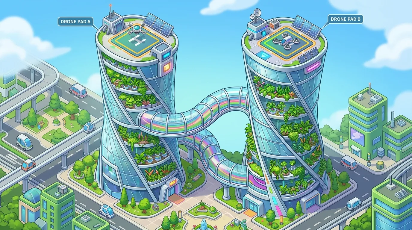 Eco-Tech Spiral Twin Towers in Cyber Metropolis